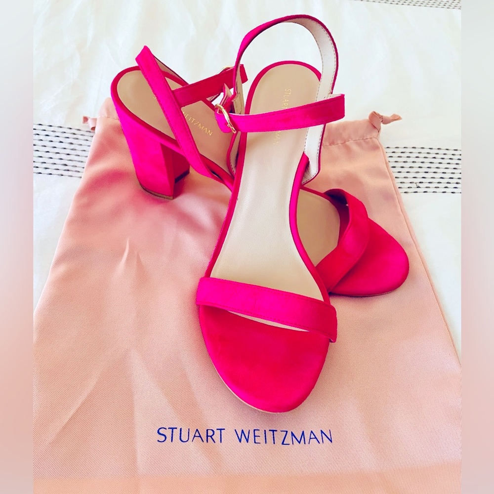 Stuart Weitzman Dancer 75 Block Suede Sandal in Peonia Hot Pink Size 10